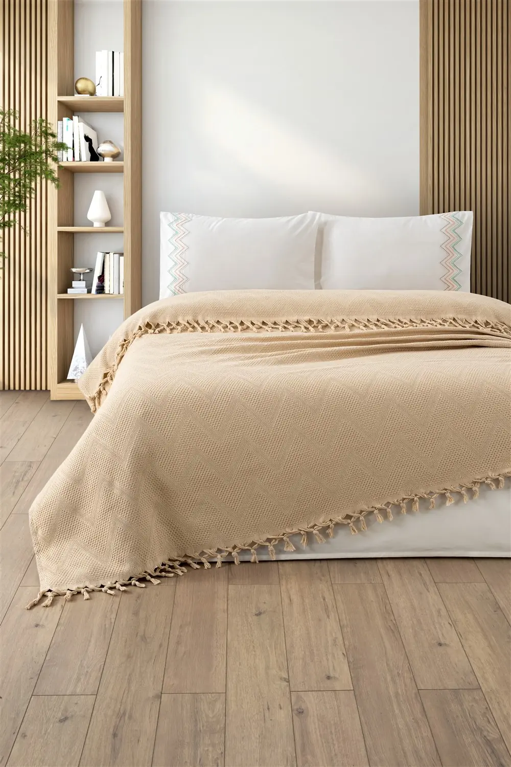 Çift Kişilik Saçaklı Waffle Pike Takımı-4 Parça & Çeyizlik Petekli Pike Seti-Delfina